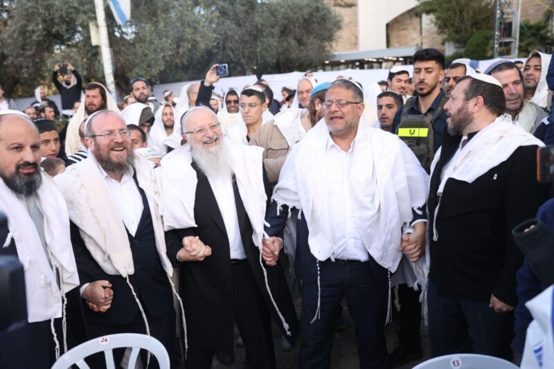 Ben Gvir (second from right) with Tzfas Chief Rabbi Shmuel Eliyahu and his son Amichai who is part of Ben Gvir's party