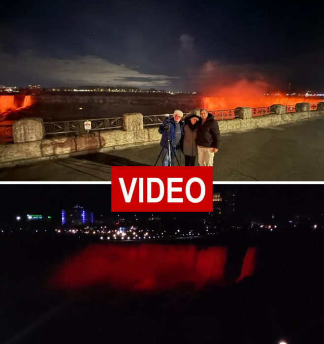 Niagara Falls Illuminated Orange in Honor of the Bibas Family