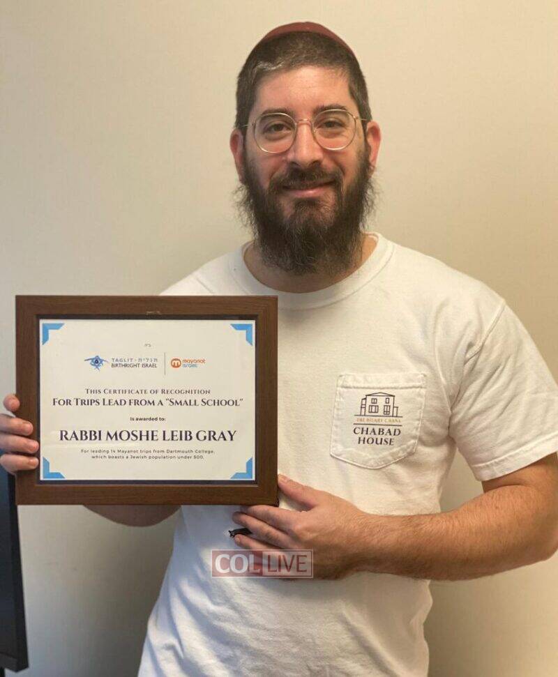 Rabbi Moshe Gray of Chabad at Dartmouth College with his award certificate