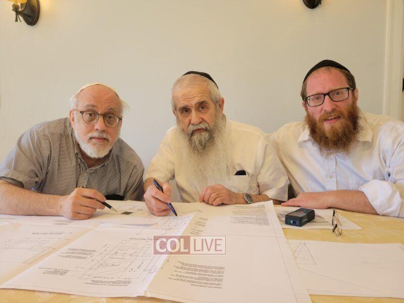 Avraham Lapine with Rabbi Gershon Grossboum and local architect Michael Goldschmidt preparing plans for the Mikvah
